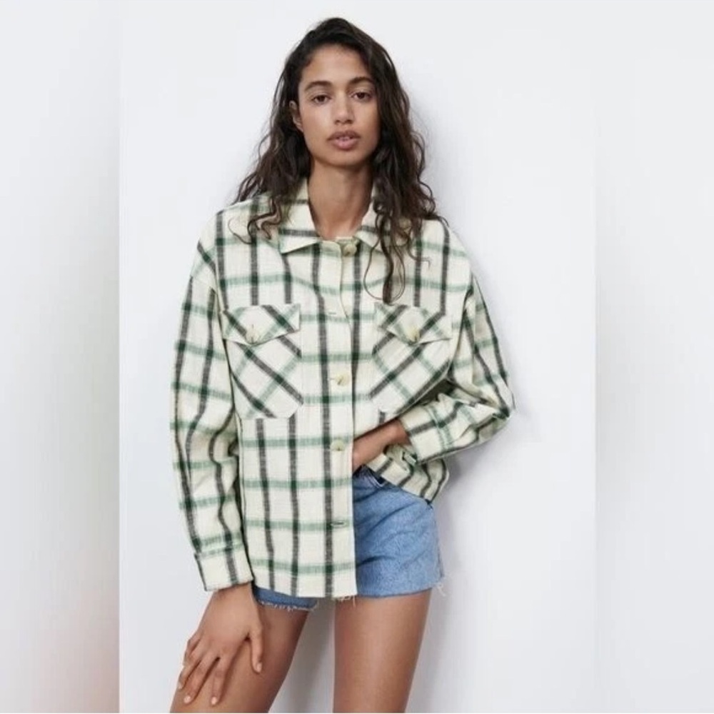 Zara || Plaid Overshirt Shacket Oversized Cream Green S